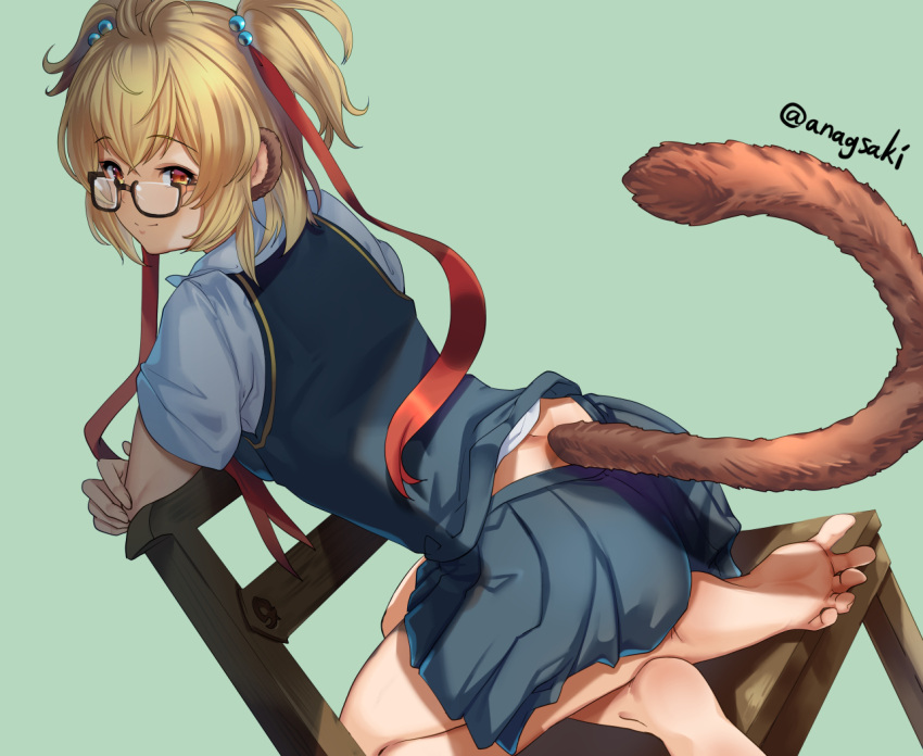 1girl andira_(granblue_fantasy) animal_ears aona_(anagasaki) ass barefoot blonde_hair blush breasts chair erune glasses granblue_fantasy looking_at_viewer monkey_ears monkey_girl monkey_tail orange_eyes short_hair skirt small_breasts smile solo tail