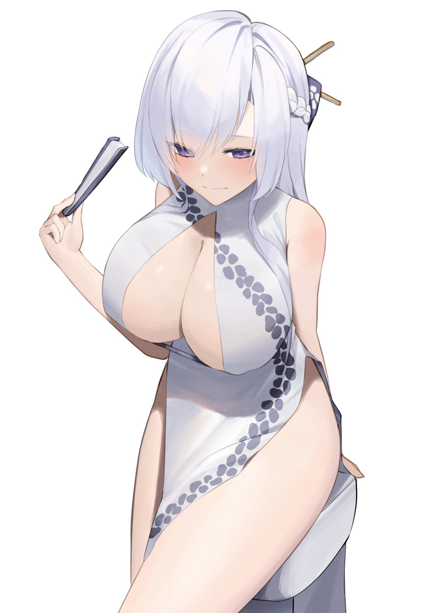 1girl absurdres alternate_costume azur_lane belfast_(azur_lane) braid breasts center_opening china_dress chinese_clothes cleavage dress folding_fan french_braid hand_fan highres holding holding_fan large_breasts long_hair lordol purple_eyes side_slit sitting white_background white_hair
