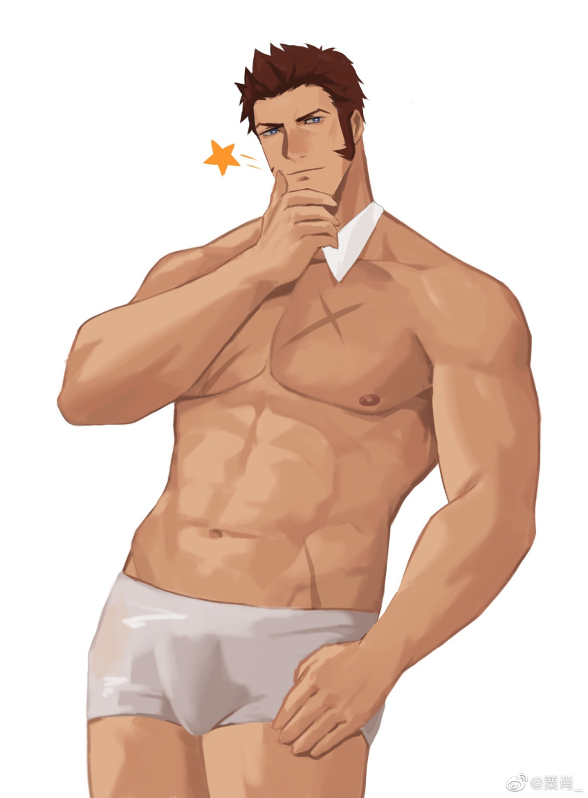 1boy abs bara beckoning blue_eyes boxers brown_hair bulge cross_scar facial_hair fate/grand_order fate_(series) feet_out_of_frame goatee hand_on_own_chin highres large_pectorals lixiao6342 long_sideburns male_focus male_underwear mature_male muscular muscular_male napoleon_bonaparte_(fate) nipples pectorals scar scar_on_chest short_hair sideburns solo sparkle standing star_(symbol) stomach stroking_own_chin thick_eyebrows topless_male underwear white_male_underwear