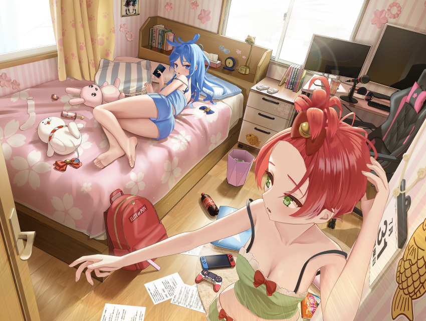 2girls 35p_(sakura_miko) absurdres alarm_clock alternate_costume alternate_hair_color alternate_hairstyle asakura_(asa_t77) ass bare_legs bare_shoulders barefoot bed_sheet bedroom blue_bow blue_eyes blue_shirt blue_shorts book bow breasts calendar_(object) cellphone chair cherry_blossom_print clock coca-cola collarbone commentary_request controller cowboy_shot curtains desk dualshock dutch_angle eyelashes feet floral_print forehead full_body game_controller gamepad gaming_chair green_eyes green_shirt green_shorts hair_between_eyes hair_bow hair_up hand_up highres holding hololive hoshimachi_suisei indoors lamp legs lens_flare long_hair medium_breasts messy_hair microphone multiple_girls nintendo_switch on_bed open_mouth phone pillow playstation_controller red_bow red_hair sakura_miko shirt shorts sleepwear small_breasts smartphone socks socks_removed soda_bottle soles standing strap_slip stuffed_animal stuffed_toy swivel_chair thighs tissue_box toes trash_can virtual_youtuber white_socks window wooden_floor