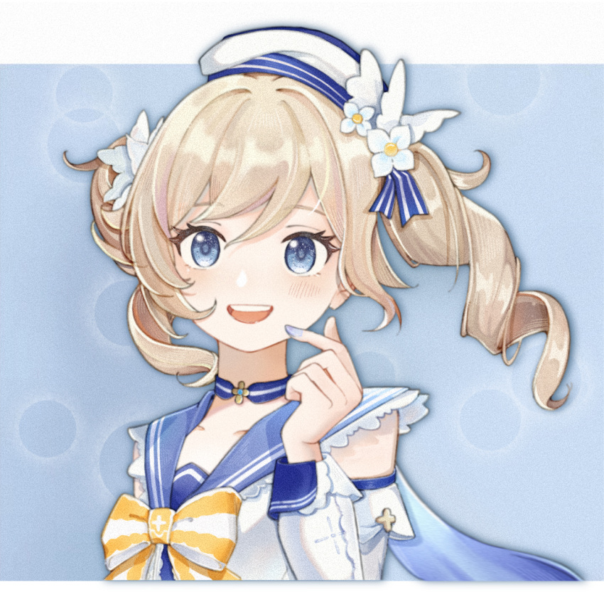 1girl barbara_(genshin_impact) barbara_(summertime_sparkle)_(genshin_impact) blonde_hair blue_choker blue_eyes blue_nails blue_sailor_collar blush bow choker commentary detached_sleeves drill_hair genshin_impact long_hair sailor_collar smile solo striped striped_bow syall symbol-only_commentary twin_drills white_headwear white_sleeves