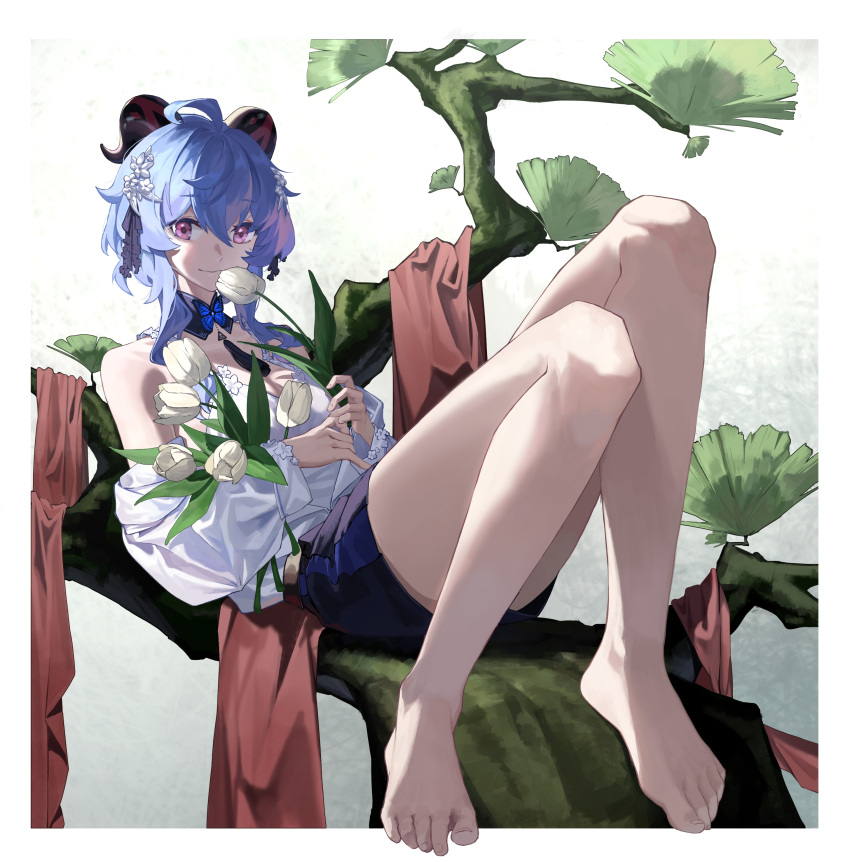 1girl absurdres ahoge baiyinzhideng bare_legs black_shorts blue_hair border breasts butterfly_choker camisole casual detached_collar flower full_body ganyu_(genshin_impact) genshin_impact goat_horns hair_between_eyes hair_flower hair_ornament highres holding holding_flower horns knees_up leaf light_smile looking_at_viewer loose_clothes loose_shirt medium_breasts medium_hair no_shoes off_shoulder purple_eyes reclining red_scarf scarf shirt shorts sidelocks sitting_on_branch solo tassel_choker toenails tulip white_border white_camisole white_flower white_shirt white_tulip