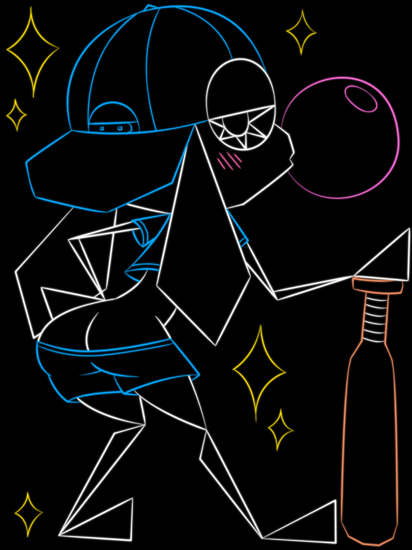 2023 baseball_bat baseball_cap bat_(object) black_background blowing_bubble_gum blue_line_art blush brown_line_art bubble_gum butt clothing female half-closed_eyes hand_on_hip hat headgear headwear hi_res lagomorph leporid looking_at_viewer looking_back looking_back_at_viewer mammal narrowed_eyes pink_line_art playstation pulling_down_pants rabbit shirt simple_background solo sony_corporation sony_interactive_entertainment sparkles standing topwear vib-ribbon vibri white_line_art yellow_line_art zinzoa