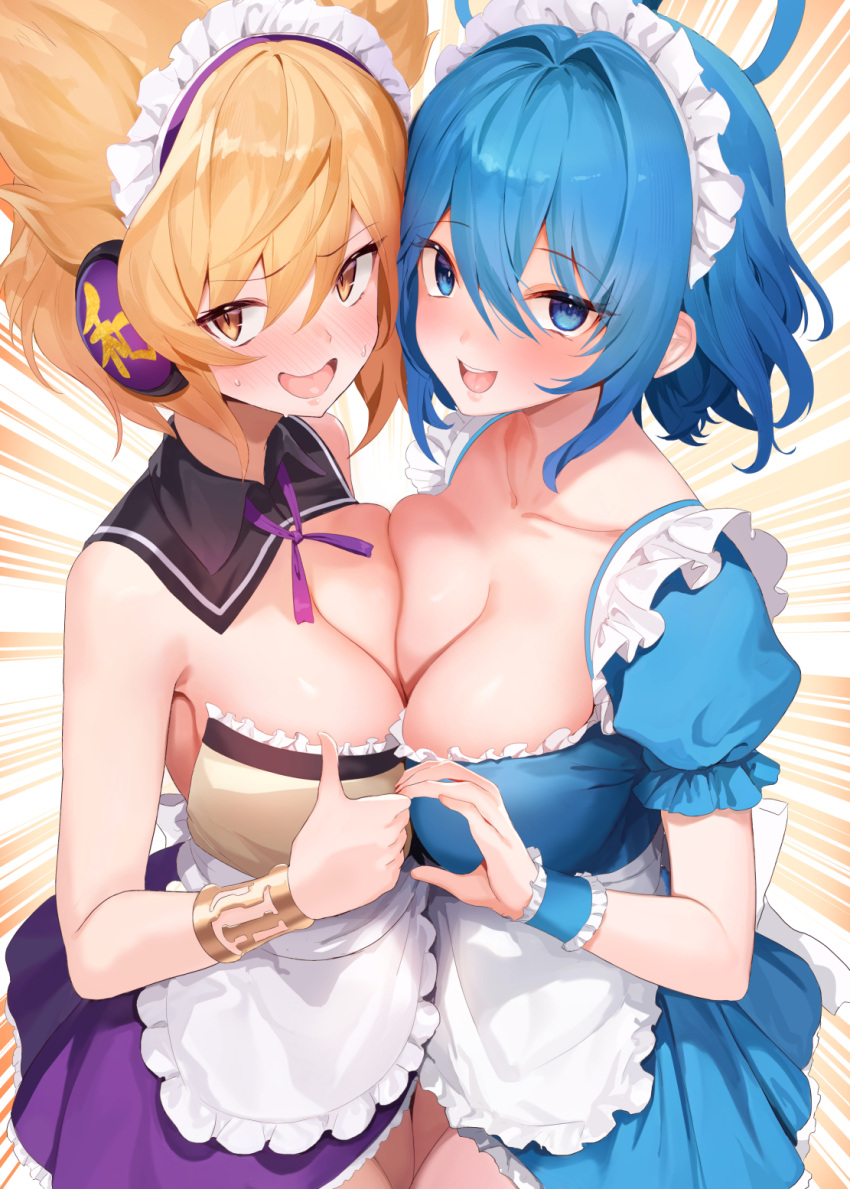 2girls amano_hagoromo apron blue_dress blue_eyes blue_hair blush bracelet breasts brown_eyes cleavage collarbone dress hair_between_eyes hair_rings headphones heart_hands_failure highres jewelry kaku_seiga large_breasts light_brown_hair looking_at_viewer multiple_girls open_mouth pointy_hair purple_dress short_hair touhou toyosatomimi_no_miko white_apron