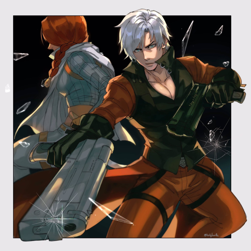 1boy 1girl @_(symbol) artist_name belt black_gloves braid broken_glass closed_mouth dante_(devil_may_cry) devil_may_cry_(series) devil_may_cry_2 ebony_&amp;_ivory english_commentary english_text glass gloves gun handgun highres holding holding_gun holding_weapon jacket long_sleeves lucia_(devil_may_cry) male_focus pants pectorals red_hair red_jacket red_pants red_sleeves short_hair solo_focus tirtyturtle twitter_username upper_body weapon white_hair