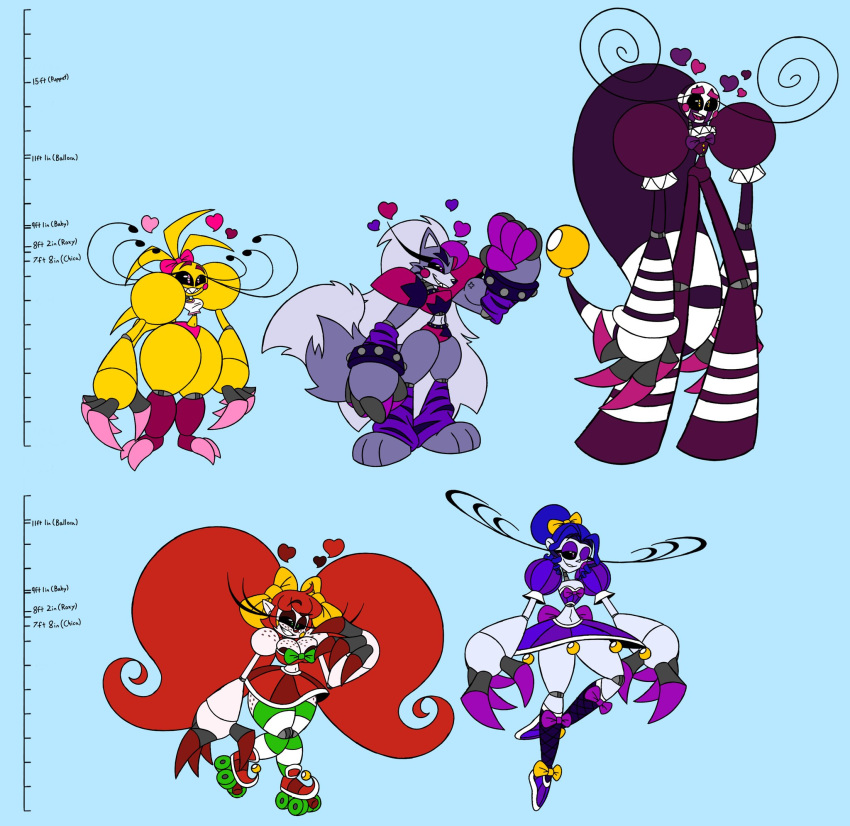 &lt;3 &lt;3_eyes 2023 accessory android animatronic anthro arm_warmers armwear avian ballerina ballerina_shoes ballet ballora_(fnafsl) barefoot bell big_breasts big_hands biped bird black_sclera blue_hair blush blush_stickers bottomwear bow_(feature) bow_accessory bow_ribbon breasts buttface_(artist) button_(fastener) canid canine canis chart chicken circus_baby_(fnaf) claws clothed clothing clown clown_costume clown_nose collar comparing dance_shoes dancewear digital_media_(artwork) eyebrows eyelashes eyeshadow fangs feathers feet female fingers five_nights_at_freddy's five_nights_at_freddy's:_security_breach five_nights_at_freddy's_2 flexing flexing_bicep footwear freckles frilly frilly_clothing fur galliform gallus_(genus) green_eyes grey_body grey_hair group hair hair_accessory hair_bow hair_ribbon heart-shaped_pupils hi_res humanoid hyper hyper_eyelashes larger_female leg_warmers legwear long_hair machine makeup mammal marionette_(fnaf) midriff muscle_vein muscular muscular_female nails navel nipple_slip nipples not_furry one_eye_closed open_mouth panties pattern_clothing pattern_footwear pattern_legwear pattern_socks phasianid pink_clothing pink_eyes pink_panties pink_underwear pointe_shoes purple_body purple_claws purple_eyes purple_hair red_claws red_hair ribbons robot robot_humanoid robot_joints roller_skates roxanne_wolf_(fnaf) scottgames sharp_claws sharp_nails sharp_teeth shirt shoes simple_background sister_location size_chart size_difference skimpy skirt small_waist smaller_female smile socks standing_on_toes steel_wool_studios stockings striped_clothing striped_footwear striped_socks stripes studded_bracelet studded_collar tail tail_feathers tall_girl teeth teeth_showing text thick_thighs thigh_highs toe_claws toes topwear toy_chica_(fnaf) tutu underwear vein vest white_body wide_hips wink wolf yellow_body yellow_eyes