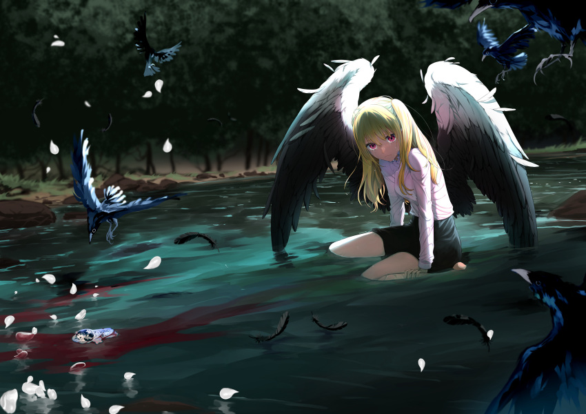 1girl absurdres angel_wings arm_support barefoot bird black_feathers black_skirt blonde_hair blood blood_in_water blurry blurry_background closed_mouth commentary commission crow crying crying_with_eyes_open english_commentary eudetenis feathered_wings feathers highres hoshino_ai_(oshi_no_ko) hoshino_ruby long_hair long_sleeves looking_at_viewer one_side_up oshi_no_ko outdoors partially_submerged petals pink_eyes river second-party_source shirt sidelocks sitting skirt solo spoilers star-shaped_pupils star_(symbol) symbol-shaped_pupils tears tree variant_set water white_shirt wings