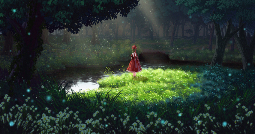 1girl absurdres dress flower forest frilled_dress frilled_ribbon frills full_body green_hair hair_ribbon highres jiege kagiyama_hina nature puffy_short_sleeves puffy_sleeves red_dress red_ribbon ribbon river scenery short_hair short_sleeves solo standing touhou tree water white_flower