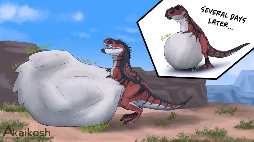 16:9 2_fingers 3_toes after_vore akaikosh belly big_belly black_claws blue_tongue claws cloud digestion dinosaur english_text feet fingers hyper hyper_belly male multicolored_body open_mouth outside reptile scalie smaller_pred solo tail teeth text toes tongue tongue_out vore widescreen