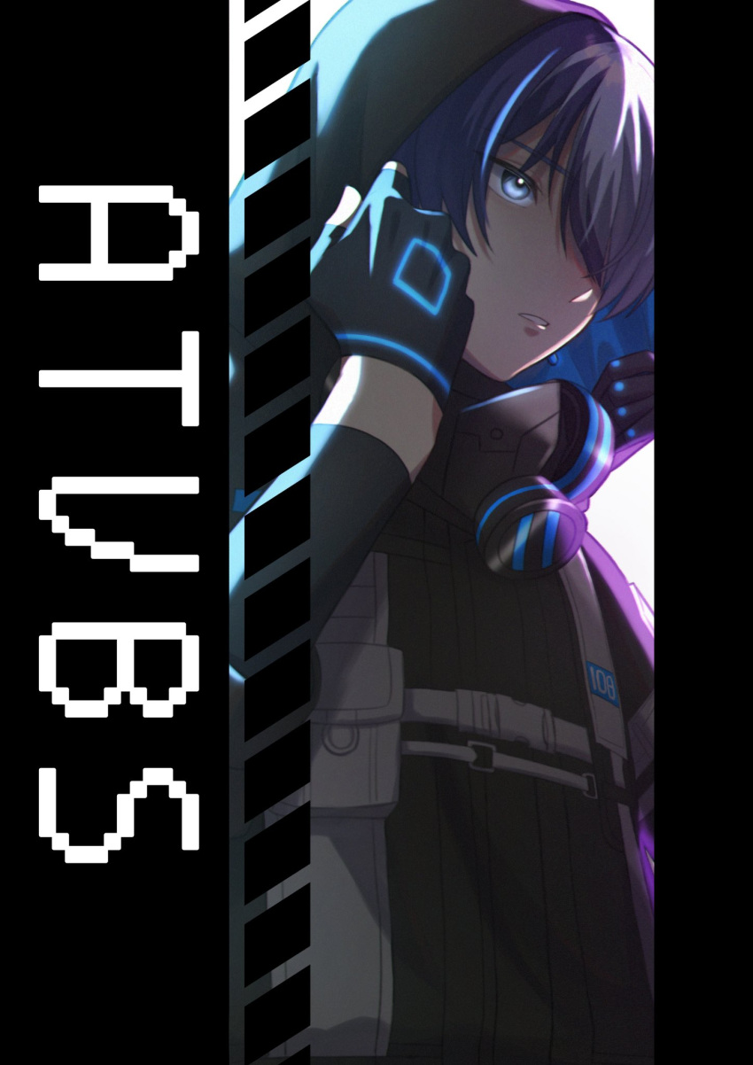 1boy aoyagi_touya blue_eyes blue_hair buckle close_game/offline_(project_sekai) commentary_request dark_blue_hair fingerless_gloves gloves hair_over_one_eye highres long_sleeves male_focus mask mask_removed multicolored_hair official_alternate_costume official_alternate_hairstyle project_sekai short_hair solo two-tone_hair yk62