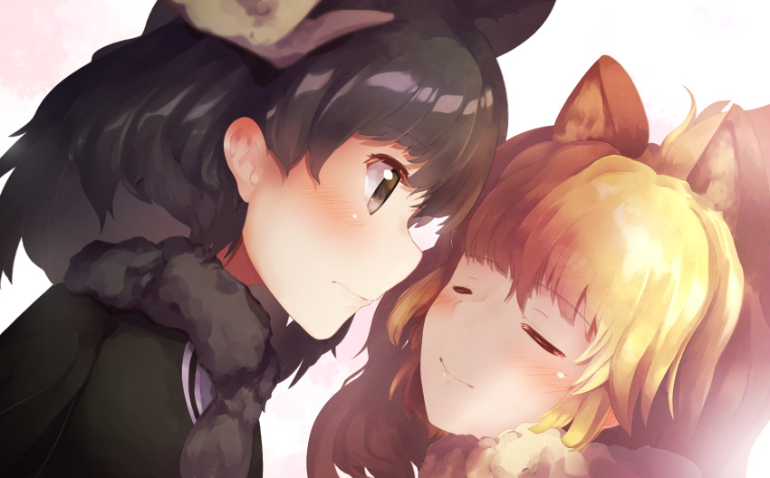 2girls animal_ears antlers black_hair blonde_hair blush closed_eyes commentary_request fur_collar hair_between_eyes highres kemono_friends lion_(kemono_friends) lion_ears looking_at_another medium_hair moose_(kemono_friends) moose_ears multiple_girls oren_(770len) smile yuri