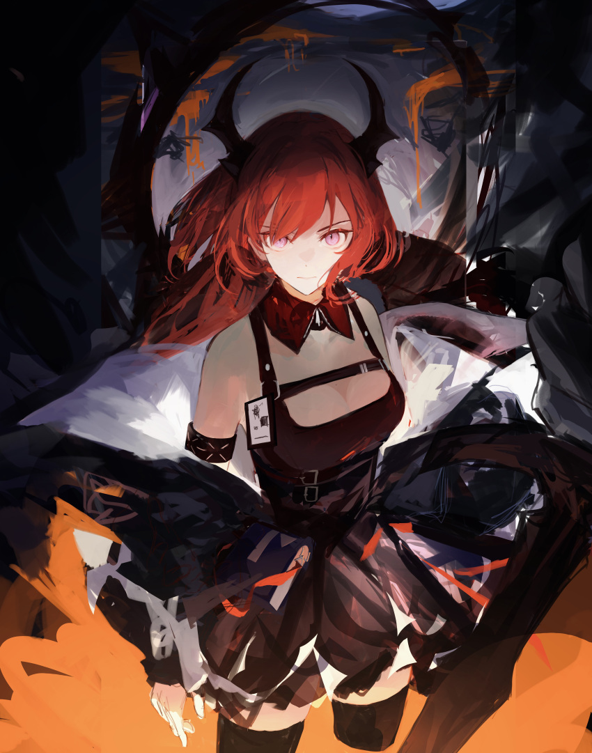 1girl absurdres arknights bag bare_shoulders belt black_dress black_skirt black_thighhighs breasts chest_strap cleavage commentary_request cross cross_necklace demon_girl demon_horns detached_collar dress highres horns id_card infection_monitor_(arknights) jewelry long_hair looking_at_viewer molten_rock neck_ribbon necklace orange_ribbon purple_eyes red_hair ribbon simple_background sketch skirt solo surtr's_golem_(arknights) surtr_(arknights) sword thighhighs weapon zaresutii
