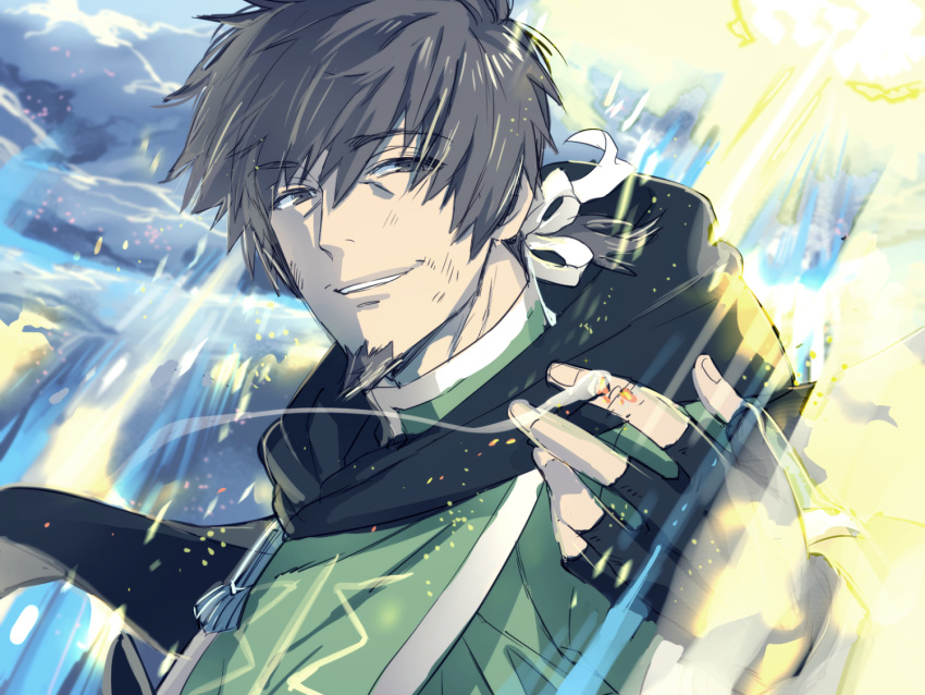 1boy bags_under_eyes black_gloves black_scarf brown_eyes brown_hair cloud embers facial_hair false_smile fate/grand_order fate_(series) fingerless_gloves general_orumutsu gloves goatee green_shirt hair_between_eyes hector_(fate) light male_focus ribbon scarf shirt short_hair smile solo upper_body white_ribbon