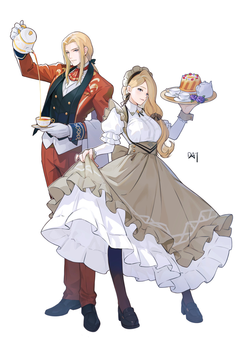 1boy 1girl absurdres black_pantyhose blonde_hair blue_eyes breasts brother_and_sister cake closed_mouth cup da-cart dress dress_shoes fire_emblem fire_emblem:_three_houses fire_emblem_heroes food gloves hair_ribbon half-siblings highres holding holding_teapot holding_tray jeritza_von_hrym large_breasts long_hair long_sleeves looking_at_viewer maid maid_headdress mercedes_von_martritz mercedes_von_martritz_(tea_party) official_alternate_costume pantyhose parted_lips ponytail puffy_sleeves red_suit ribbon siblings smile standing suit sweets teacup teapot tray white_background