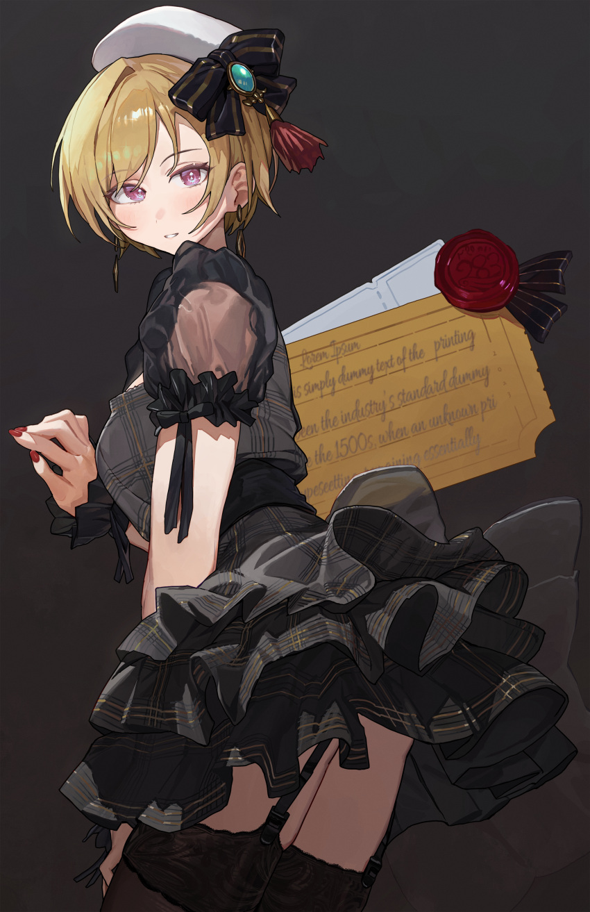 1girl absurdres alternate_costume beret black_dress black_garter_straps black_thighhighs blonde_hair breasts dress fingernails garter_straps hat highres idolmaster idolmaster_shiny_colors looking_at_viewer looking_to_the_side medium_breasts nail_polish plaid plaid_dress puffy_short_sleeves puffy_sleeves purple_eyes saijo_juri see-through see-through_sleeves short_hair short_sleeves simple_background solo starshell thighhighs white_headwear