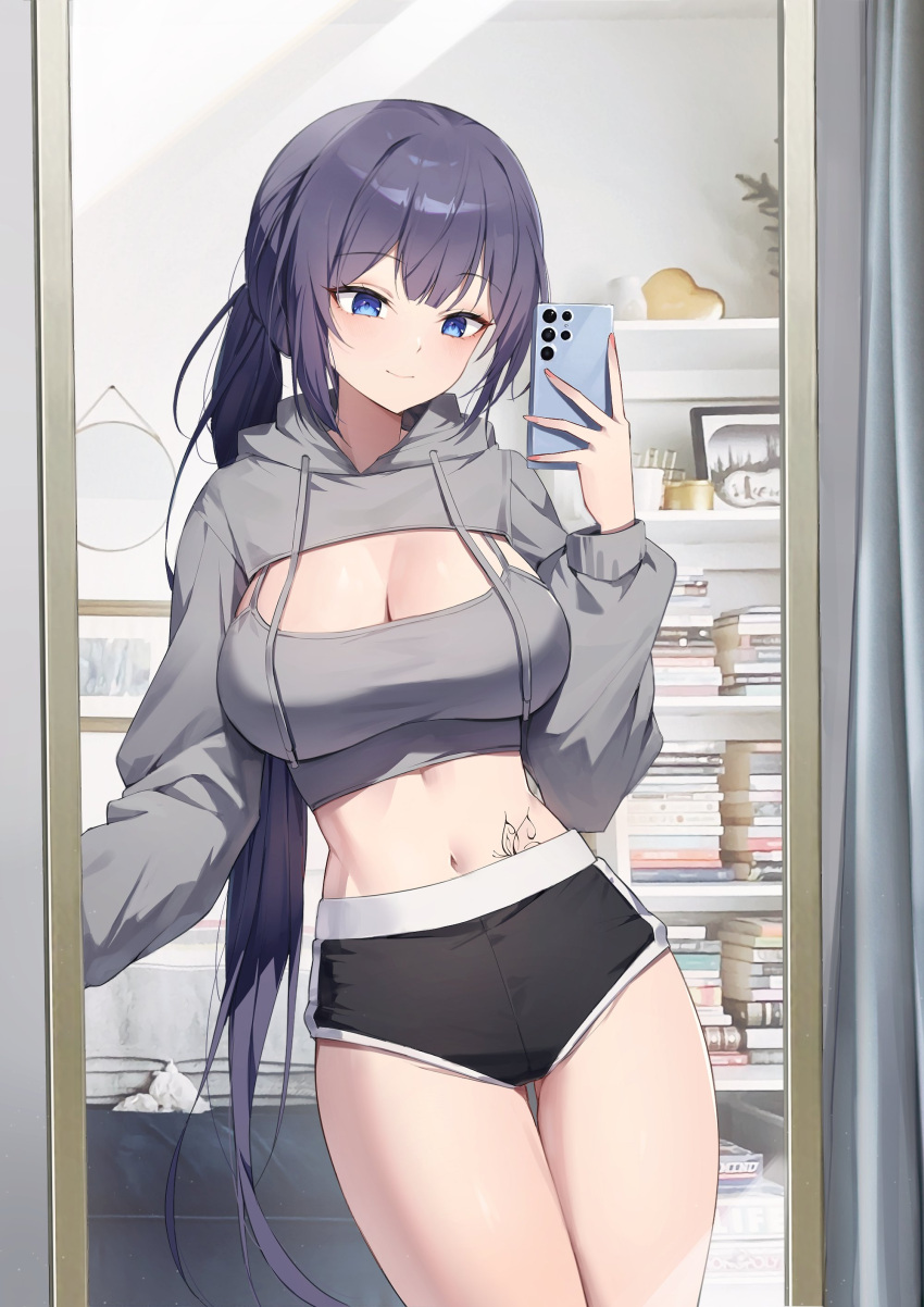 1girl absurdres black_hair black_shorts blue_eyes book breasts camisole cellphone character_request commentary copyright_request cowboy_shot crop_top drawstring hand_up highres holding holding_phone indoors large_breasts long_hair long_sleeves low_ponytail midriff mirror navel phone short_shorts shorts shrug_(clothing) smartphone smile solo spaghetti_strap standing stomach thighs ugwa very_long_hair