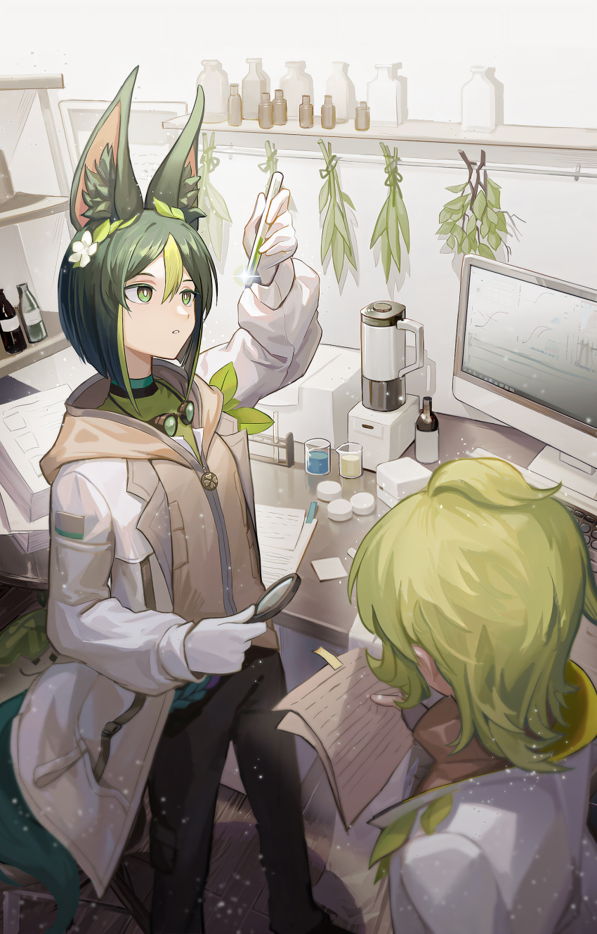 1boy 1girl animal_ear_fluff animal_ears black_hair blunt_ends bob_cut collei_(genshin_impact) collei_(kiehls')_(genshin_impact) flask fox_boy fox_ears genshin_impact gloves goggles goggles_around_neck green_hair grey_hood grey_jacket hair_ornament highres holding holding_magnifying_glass jacket kiehl's leaf_hair_ornament light_green_hair long_sleeves magnifying_glass multicolored_hair official_alternate_costume round-bottom_flask scientist short_hair streaked_hair tighnari_(genshin_impact) tighnari_(kiehls')_(genshin_impact) white_gloves yal_(lily910218)