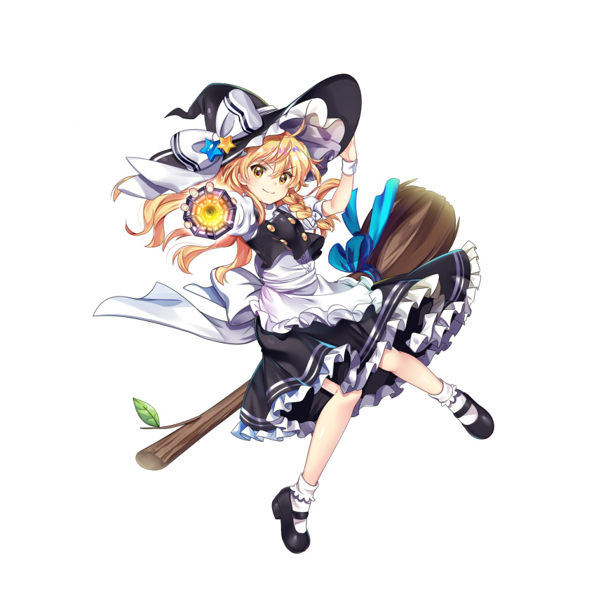 1girl apron black_footwear blonde_hair bow braid broom closed_mouth frilled_hat frills full_body game_cg hand_on_headwear hat hat_bow hat_ornament highres kirisame_marisa long_hair looking_at_viewer mini-hakkero rotte_(1109) side_braid simple_background single_braid smile socks solo star_(symbol) star_hat_ornament third-party_source touhou touhou_lost_word white_apron white_background white_bow white_socks yellow_eyes