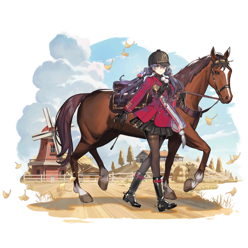 1girl animal barn black_footwear black_gloves black_neckerchief black_shirt black_skirt boots bridle brown_eyes brown_pantyhose closed_mouth cloud cloudy_sky day falling_leaves farm full_body girls'_frontline gloves hair_between_eyes hat haystack highres holding_riding_crop horse house jacket jockey knee_boots leaf lewis_(gallop_of_gingko_leaves_and_autumn_winds)_(girls'_frontline) lewis_(girls'_frontline) long_hair long_sleeves looking_at_viewer medal multicolored_sash neck_bobbles neckerchief official_alternate_costume official_art outdoors pantyhose pleated_skirt post_and_rail_fence purple_hair red_jacket reins riding_crop saddle shirt skirt sky smile solo spurs starshadowmagician transparent_background tree walking windmill yellow_leaves