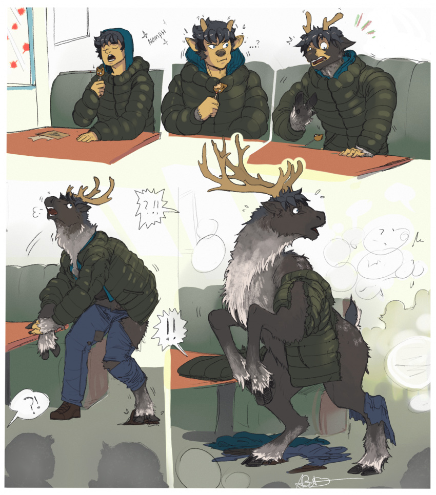 ?! ambiguous_gender antler_growth antlers biped biped_to_quadruped blue_bottomwear blue_clothing blue_eyes blue_pants bottomwear breath capreoline clothing cloven_hooves deer ear_growth exclamation_point feral fur fur_growth grey_body grey_fur group growth hi_res hoodie hoof_growth hooves horn human human_to_feral inside jacket luminousshift mammal pants quadruped question_mark reindeer shaded shirt signature snout snout_growth solo_focus species_transformation speech_bubble topwear torn_bottomwear torn_clothing torn_pants torn_shirt torn_topwear transformation transformation_sequence unguligrade