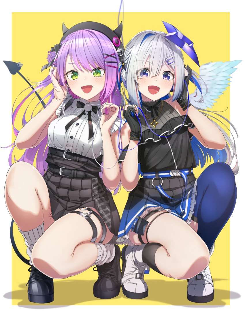 2girls :d absurdres amane_kanata amane_kanata_(3rd_costume) angel_wings black_bow black_bowtie black_footwear black_gloves black_headwear black_shirt black_skirt blue_eyes blue_hair blue_skirt blue_thighhighs blush bow bowtie breasts colored_inner_hair commentary_request earphones fake_horns flat_chest frilled_skirt frills gloves green_eyes grey_hair hair_ornament hairclip halo heart_o-ring highres hololive horned_headwear horns kneehighs leg_tattoo long_hair looking_at_viewer medium_breasts multicolored_hair multiple_girls o-ring o-ring_thigh_strap official_alternate_costume orio_(hololive) partially_fingerless_gloves pink_hair pleated_skirt purple_hair shinomu_(cinomoon) shirt shoes simple_background single_kneehigh single_sock single_thighhigh skirt smile socks squatting star_halo streaked_hair tail tattoo thigh_strap thighhighs tokoyami_towa two-tone_hair virtual_youtuber white_footwear white_socks wings x_hair_ornament