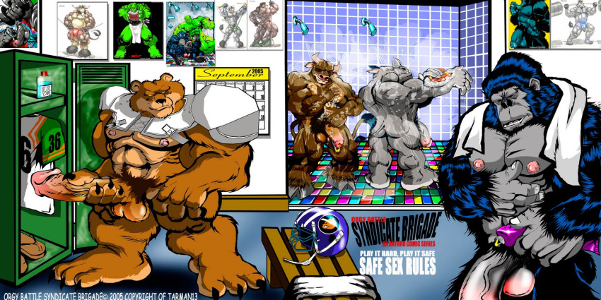 2007 abs anthro ape balls bear bench bovid bovine brown_bear burf_bear erection flaccid football_gear football_helmet genitals gor_(tomcat) gorilla grizzly_bear group haplorhine hi_res humanoid_genitalia humanoid_penis locker_room male mammal muscular muscular_anthro muscular_male nipples nude pecs penis pink_nipples primate pubes rhinoceros tomcat_(artist) towel ursine vein veiny_penis