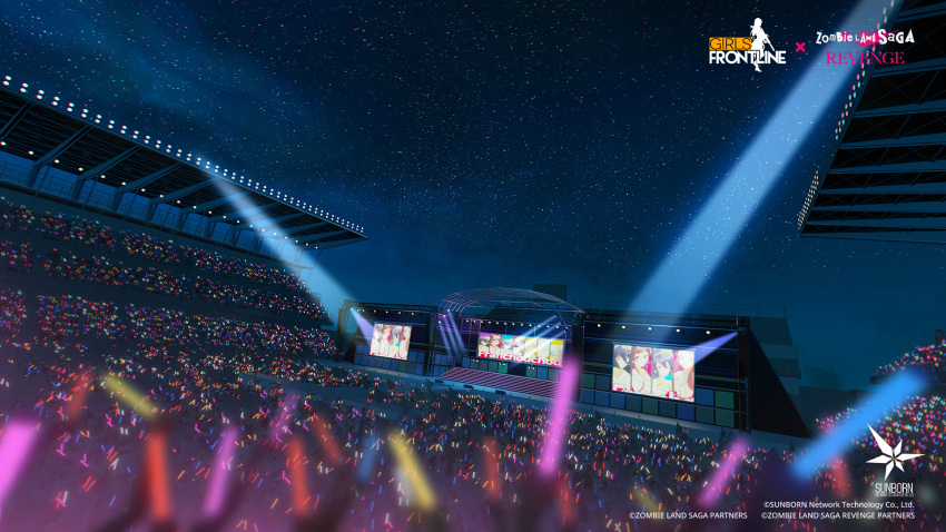 artist_request audience commentary company_name concert copyright_name english_commentary girls'_frontline glowstick highres holding_glowstick hoshikawa_lily konno_junko minamoto_sakura mizuno_ai night nikaidou_saki official_art outdoors promotional_art sky spotlight stage star_(sky) starry_sky yamada_tae yuugiri_(zombie_land_saga) zombie_land_saga