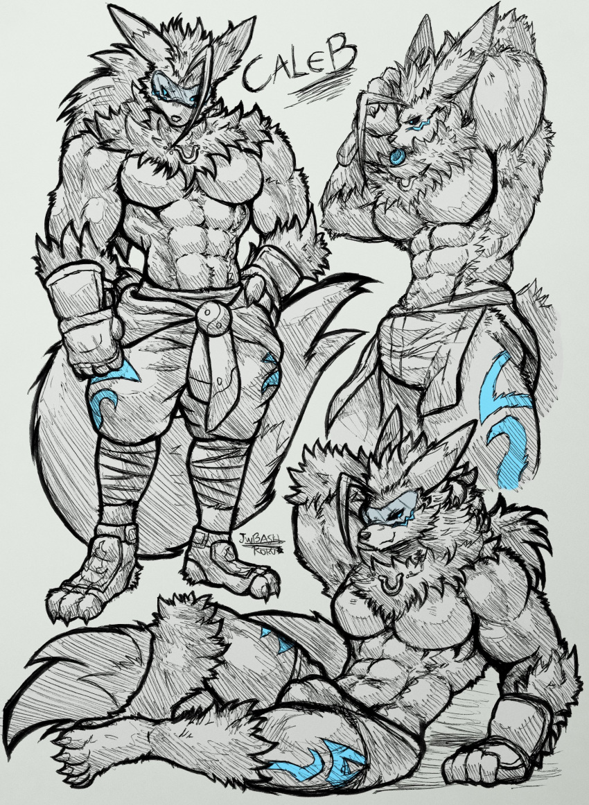 abs absurd_res anthro bandage bandaged_leg bandai_namco big_muscles bottomwear briefs bulge canid canine clothing collar digimon digimon_(species) eyewear facial_markings fluffy fluffy_body fluffy_tail fur glasses gloves hair handwear head_markings hi_res jwbash leg_markings legwear looking_at_viewer male mammal markings muscular muscular_male pants pecs ponytail pose renamon shirtless shirtless_anthro shirtless_male sketch sketch_page solo tail text topwear tuft underwear undressed