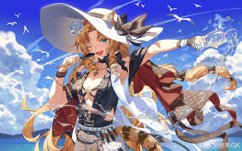 1girl :3 :d ;3 ;d animal_ears arknights arm_up bird black_dress blue_sky breasts center_opening cleavage cloud cloudy_sky cup day dress drill_hair drill_sidelocks ears_through_headwear fang flower green_eyes green_nails hair_flower hair_ornament highres holding holding_cup jewelry long_hair looking_at_viewer medium_breasts nail_polish necklace official_alternate_costume one_eye_closed open_clothes open_vest outdoors sanmu sidelocks sky smile solo spilling swimsuit swire_(arknights) swire_the_elegant_wit_(arknights) tail tiger_ears tiger_girl tiger_tail upper_body very_long_hair vest water weibo_logo weibo_username white_flower white_headwear white_vest