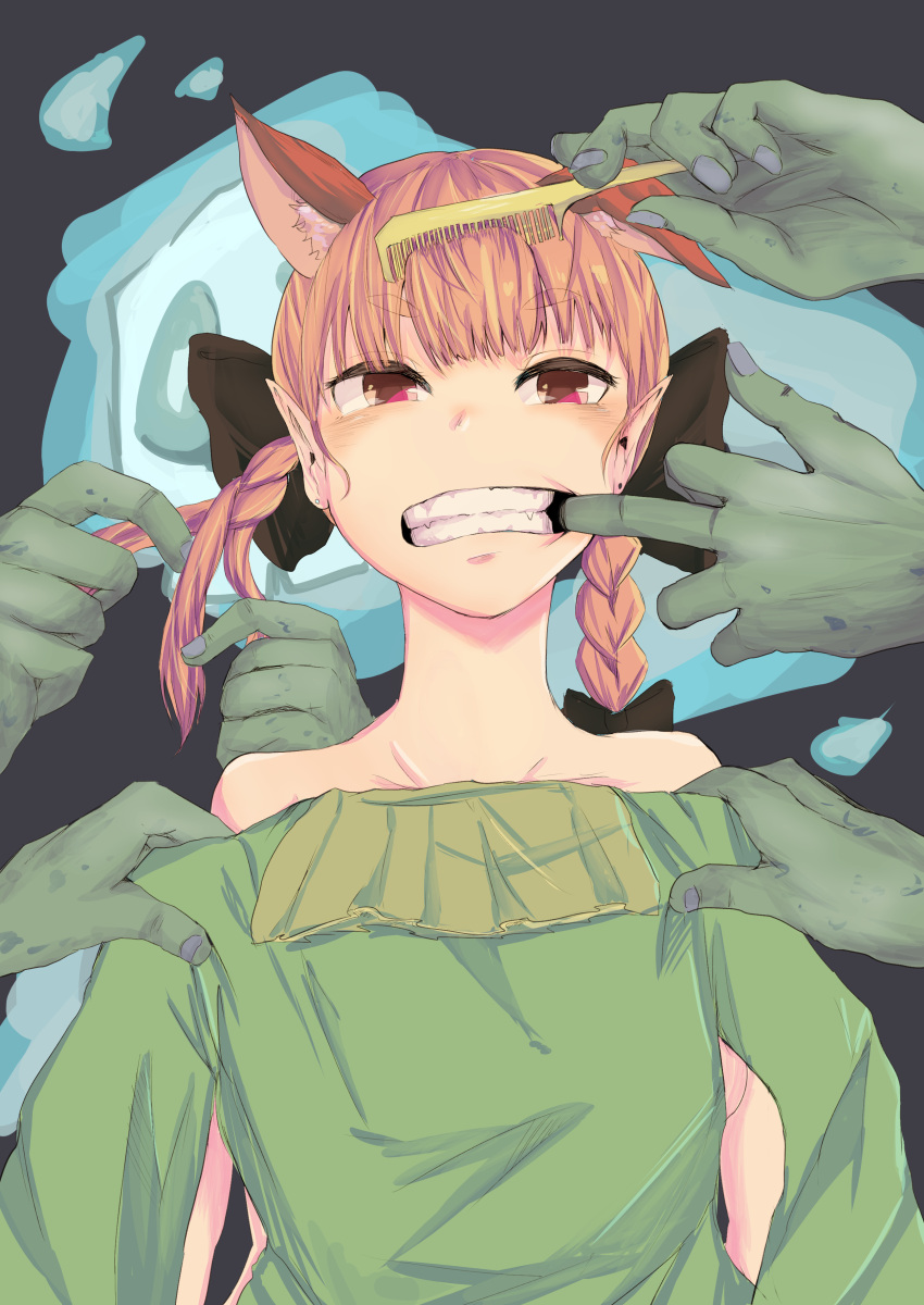 1girl 3boys absurdres animal_ears areola_slip blunt_bangs braid breasts cat_ears clenched_teeth dark_background dress extra_ears finger_in_another's_mouth goblin green_dress hetero highres hitodama holding holding_clothes holding_dress kaenbyou_rin large_breasts medium_hair mouth_pull multiple_boys nude paguningen pink_eyes pink_hair pointy_ears pov pov_hands simple_background solo_focus teeth touhou upper_body v-shaped_eyebrows