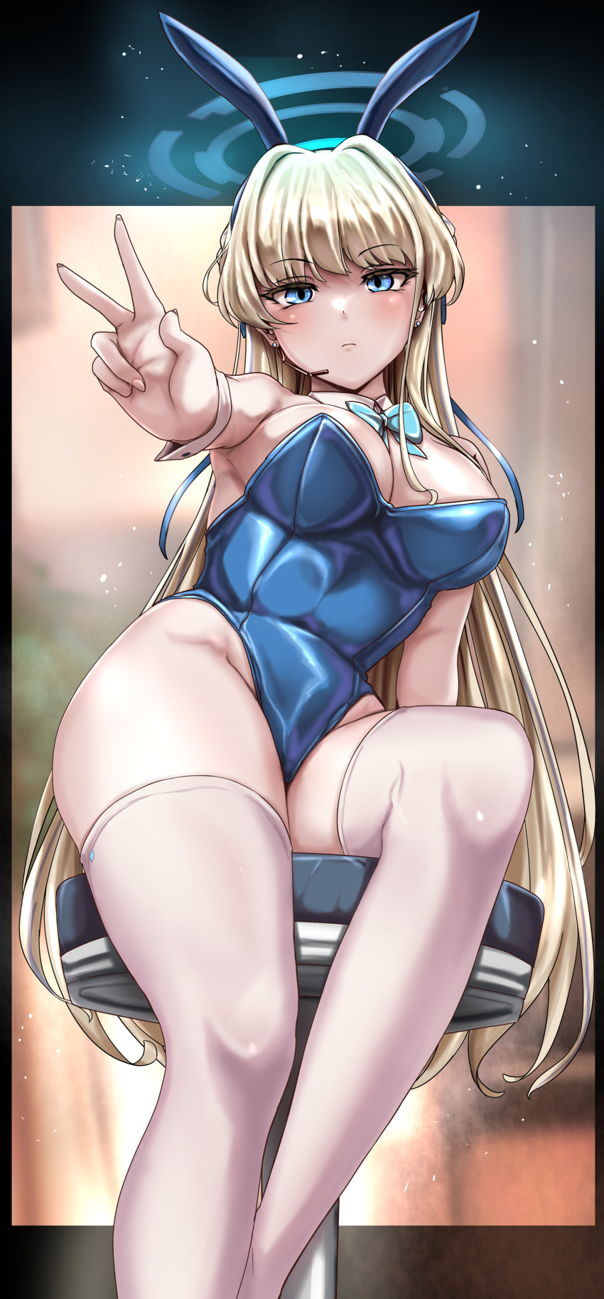 1girl absurdres animal_ears aqua_bow aqua_bowtie blonde_hair blue_archive blue_eyes blue_leotard blush bow bowtie breasts closed_mouth fake_animal_ears feet_out_of_frame halo highres large_breasts leotard looking_at_viewer official_alternate_costume playboy_bunny rabbit_ears sideboob sitting solo thighhighs thighs toki_(blue_archive) toki_(bunny)_(blue_archive) v white_thighhighs yaruku