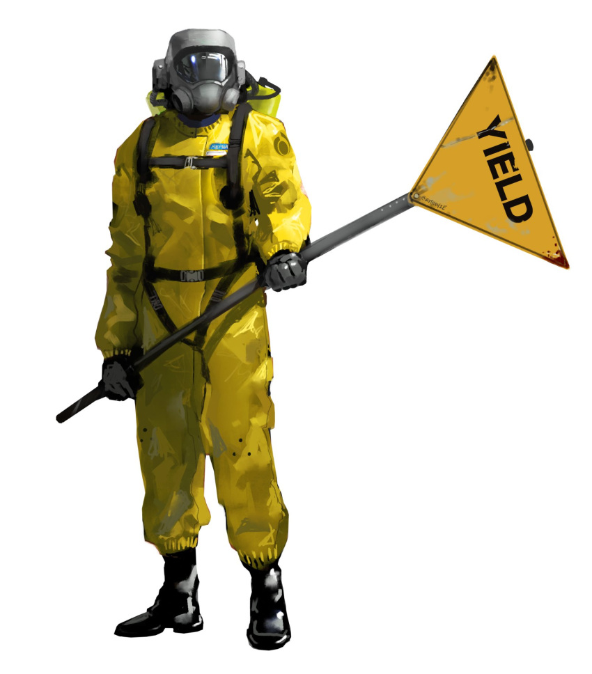 1other artist_name black_gloves bodysuit english_commentary gloves hazmat_suit highres holding holding_sign improvised_weapon lethal_company name_tag oxygen_mask oxygen_tank rust rythayze sign simple_background strap tube white_background worker_(lethal_company) yellow_bodysuit yield_sign