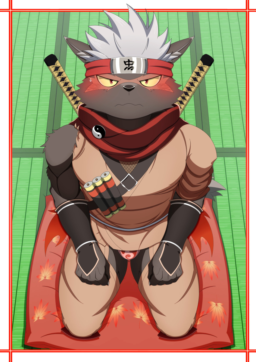 absurd_res anthro asian_clothing blush brown_body brown_fur bulge canid canine canis clothing domestic_dog east_asian_clothing fur hair hi_res japanese_clothing kneeling lifewonders looking_at_viewer male mammal melee_weapon ninja pixiv_id_13961915 red_eyes scar solo tadatomo tokyo_afterschool_summoners underwear warrior weapon white_hair yellow_sclera