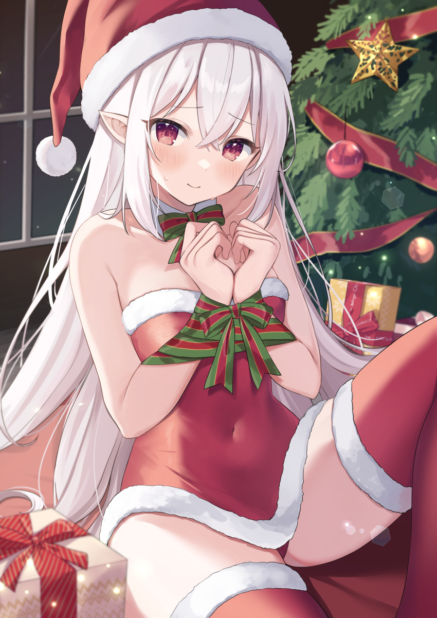 1girl absurdres christmas elf gift grey_hair highres mana_tree okiq original panties pointy_ears red_eyes santa_costume underwear white_hair