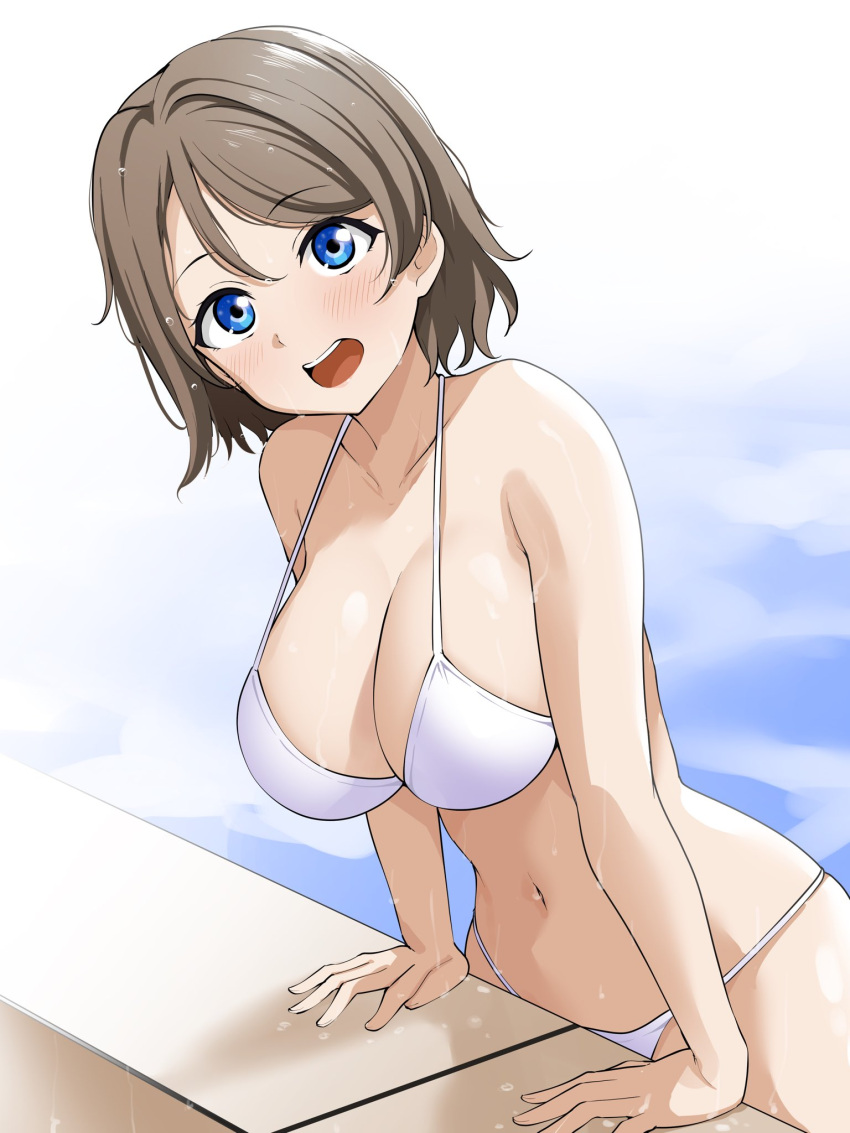 1girl :d arm_support bare_arms bare_shoulders barkhorn0331 bikini blue_eyes blush breasts cleavage collarbone grey_hair highres large_breasts leaning_forward looking_at_viewer love_live! love_live!_sunshine!! navel open_mouth short_hair smile solo string_bikini swimsuit teeth upper_teeth_only watanabe_you water white_bikini