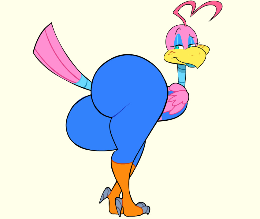 ambiguous_gender animated anthro avian big_butt bird blue_eyes bottomwear butt clothing looking_at_viewer looking_back looking_back_at_viewer mrs.mayhem pants pink_body shaking_butt simple_background solo thick_thighs tight_clothing topwear tube_top vimhomeless white_background wide_hips