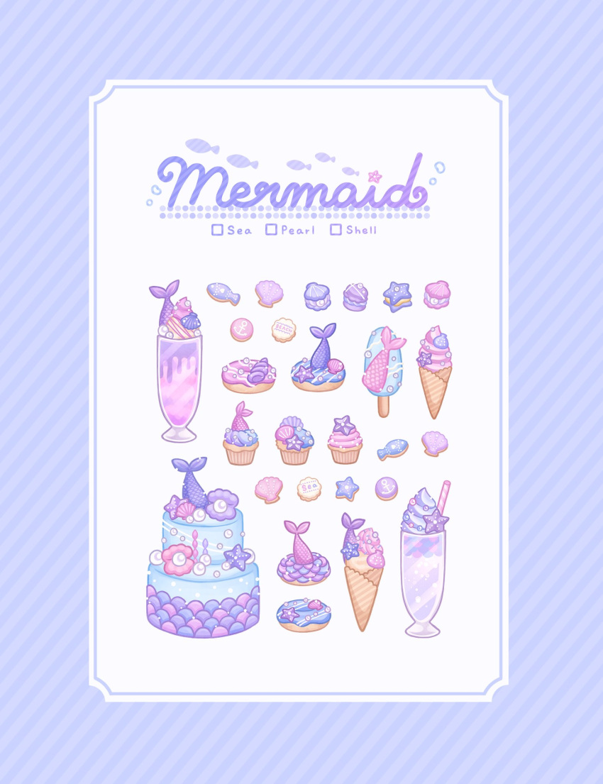 ari_(oonmnmooo) blue_border border cake commentary cookie cup cupcake doughnut drinking_glass drinking_straw english_text food food_art food_focus gem highres ice_cream ice_cream_cone layer_cake macaron milkshake original pearl_(gemstone) popsicle scales seashell shell soft_serve starfish still_life striped_border symbol-only_commentary white_background