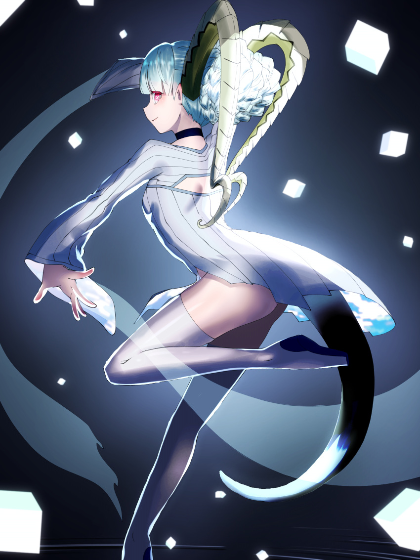 1girl absurdres aqua_dress aqua_hair aqua_thighhighs ass boots braid breasts choker crown_braid cube curled_horns dress fate/grand_order fate_(series) gradient_background highres horns large_horns larva_tiamat_(fate) larva_tiamat_(first_ascension)_(fate) leg_up long_horns long_sleeves noa0000 pointy_ears red_eyes ripples small_breasts smile solo standing standing_on_one_leg symbol-shaped_pupils tail thigh_boots thighhighs thighs tiamat_(fate) x-shaped_pupils