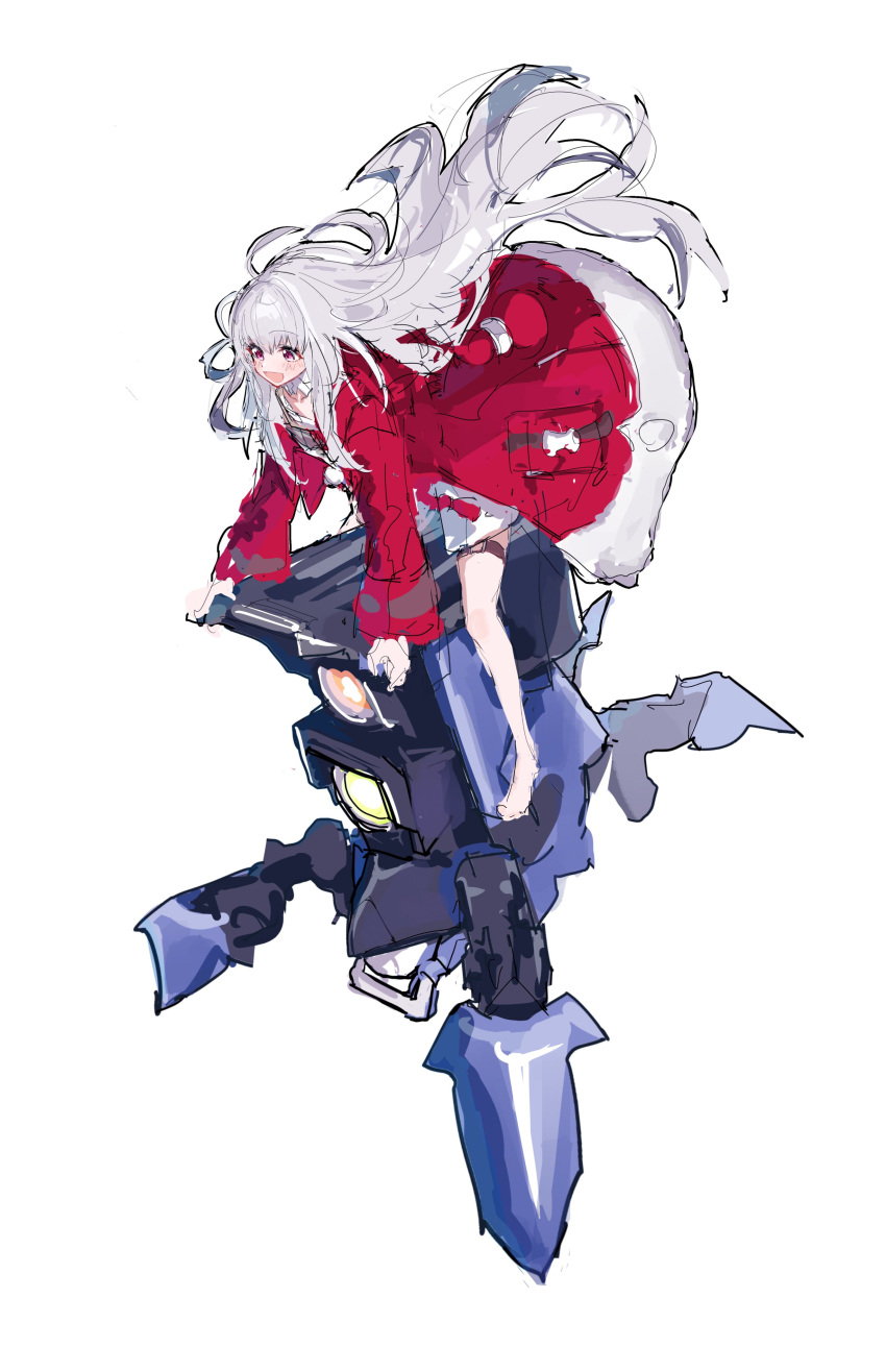 1girl absurdres bare_legs barefoot clara_(honkai:_star_rail) coat fur-trimmed_coat fur_trim highres honkai:_star_rail honkai_(series) long_hair long_sleeves non-humanoid_robot red_coat red_eyes riding robot simple_background sketch solo very_long_hair w4_avn white_background white_fur white_hair