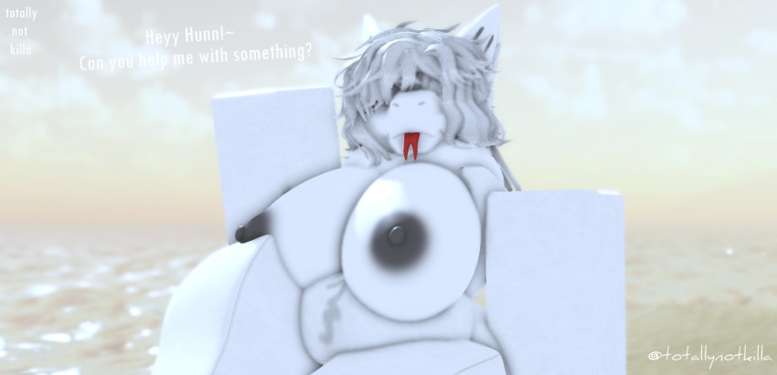 anthro areola beach belly belly_fluff blep breasts dragon female forked_tongue fur grey_hair hair hair_over_eyes hi_res mature_female nude nude_beach relaxing roblox robloxian seaside sitting solo text thick_thighs tongue tongue_out totallynotkilla white_body white_fur white_hair