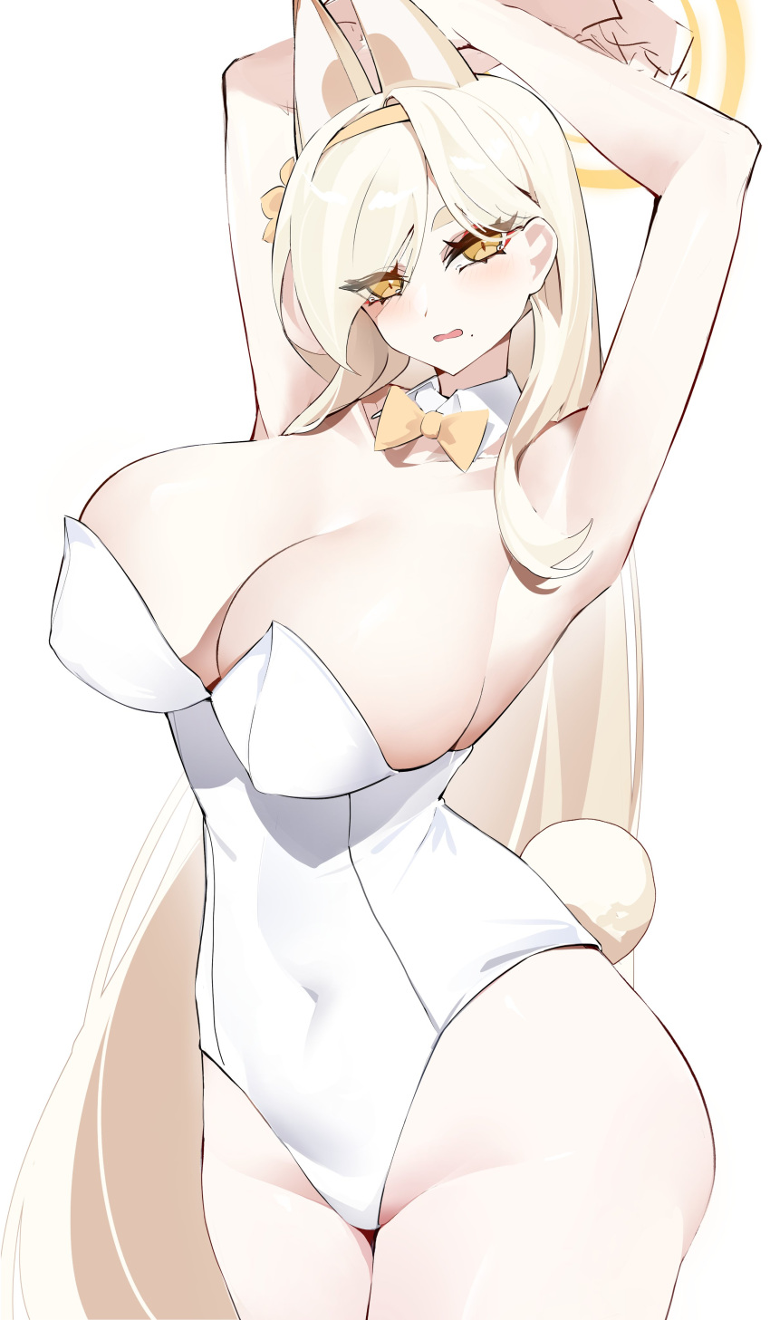 absurdres animal_ears arms_up blonde_hair blue_archive bow bowtie breasts casul cleavage cowboy_shot detached_collar fox_ears hairband highres kaho_(blue_archive) large_breasts leotard long_hair mole mole_under_mouth orange_eyes orange_halo rabbit_tail sketch tail thick_eyebrows white_background white_leotard yellow_bow yellow_bowtie yellow_hairband yellow_halo