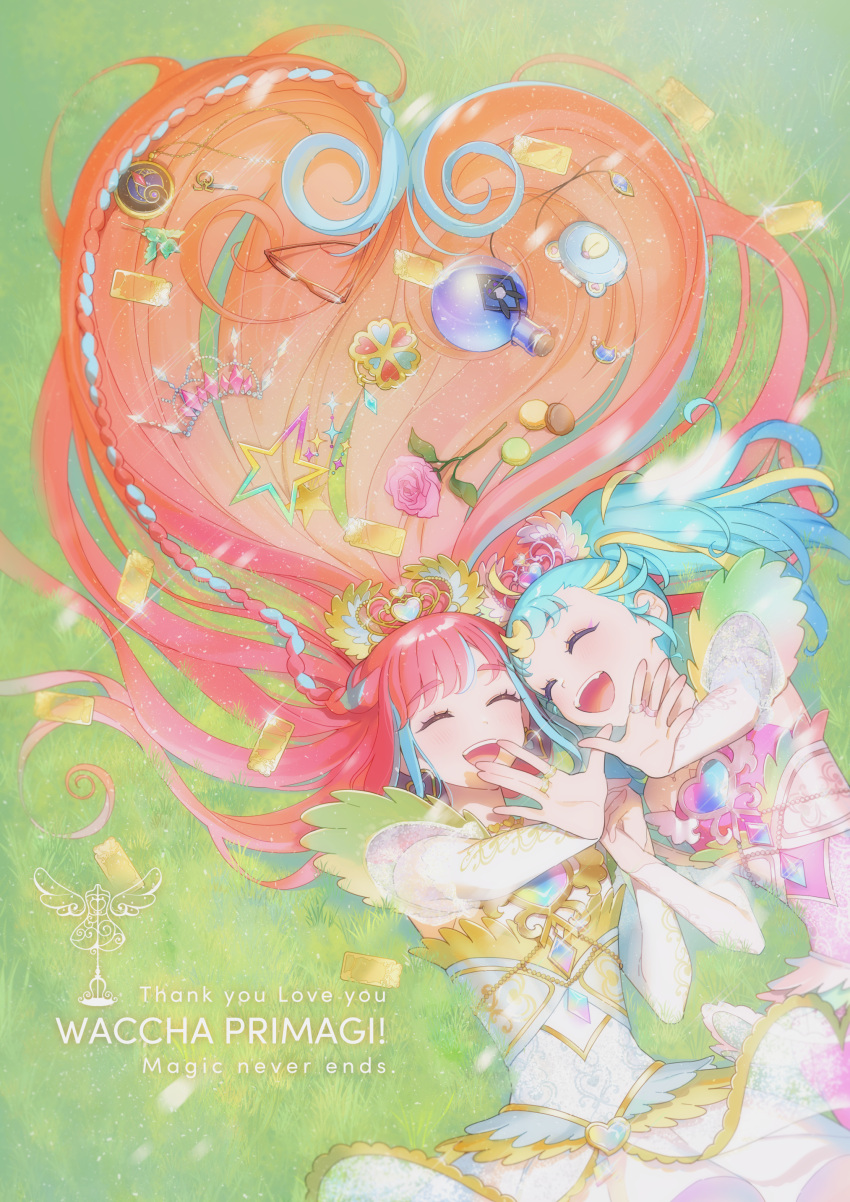 2girls :d absurdres blonde_hair blue_hair braid closed_eyes commentary_request copyright_name dress earrings flask flower food from_above glasses gold_trim hair_ornament hair_spread_out hairpin hand_up happy heads_together heart heart_earrings hibino_matsuri highres jewelry long_hair lying macaron multicolored_hair multiple_girls myamu necklace o4ritarou on_back on_grass open_mouth outdoors pink_dress pink_flower pink_hair pink_rose pretty_(series) ring rose round-bottom_flask side_braid smile sparkle star_(symbol) streaked_hair teeth tiara twintails upper_teeth_only very_long_hair waccha_primagi! white_dress