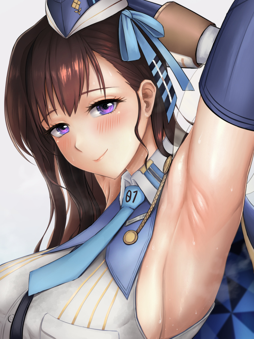 armpits arms_up blue_necktie blush breasts brown_hair detached_sleeves goddess_of_victory:_nikke hat highres lips long_hair looking_at_viewer marian_(nikke) necktie purple_eyes ribbon sideboob smile sphere-stc sweat upper_body