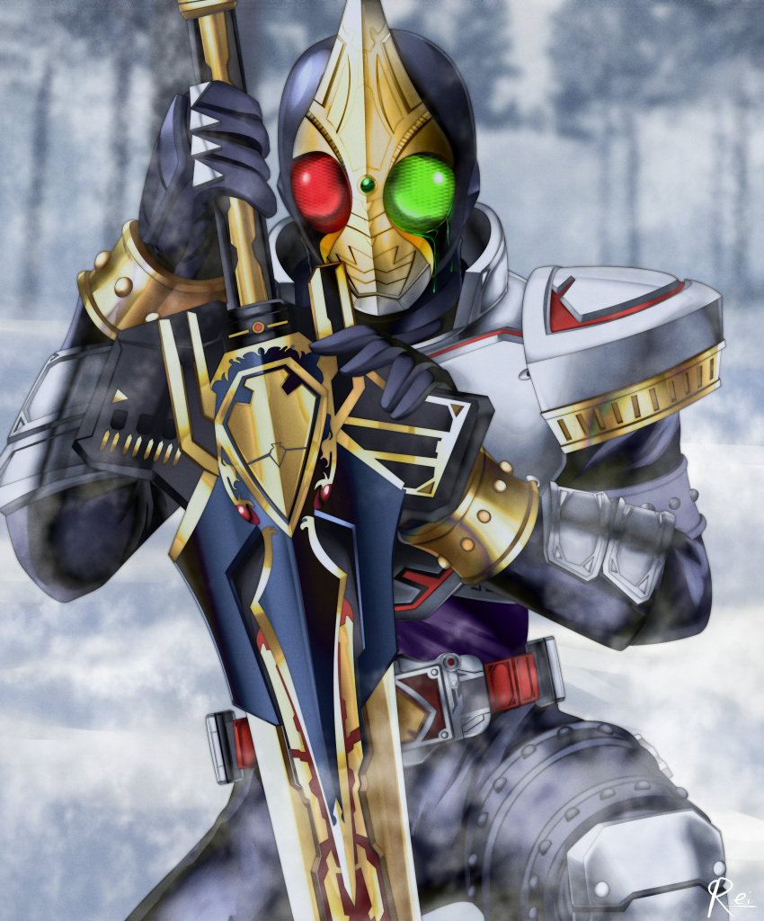 1boy absurdres armor black_bodysuit blay_buckle blay_rouzer bodysuit commentary_request gloves highres holding holding_sword holding_weapon kamen_rider kamen_rider_blade kamen_rider_blade_(jack_form) kamen_rider_blade_(series) knight reiei_8 reverse_grip rider_belt shoulder_armor spade_(shape) struggling studded_bracelet sword transformation weapon winter