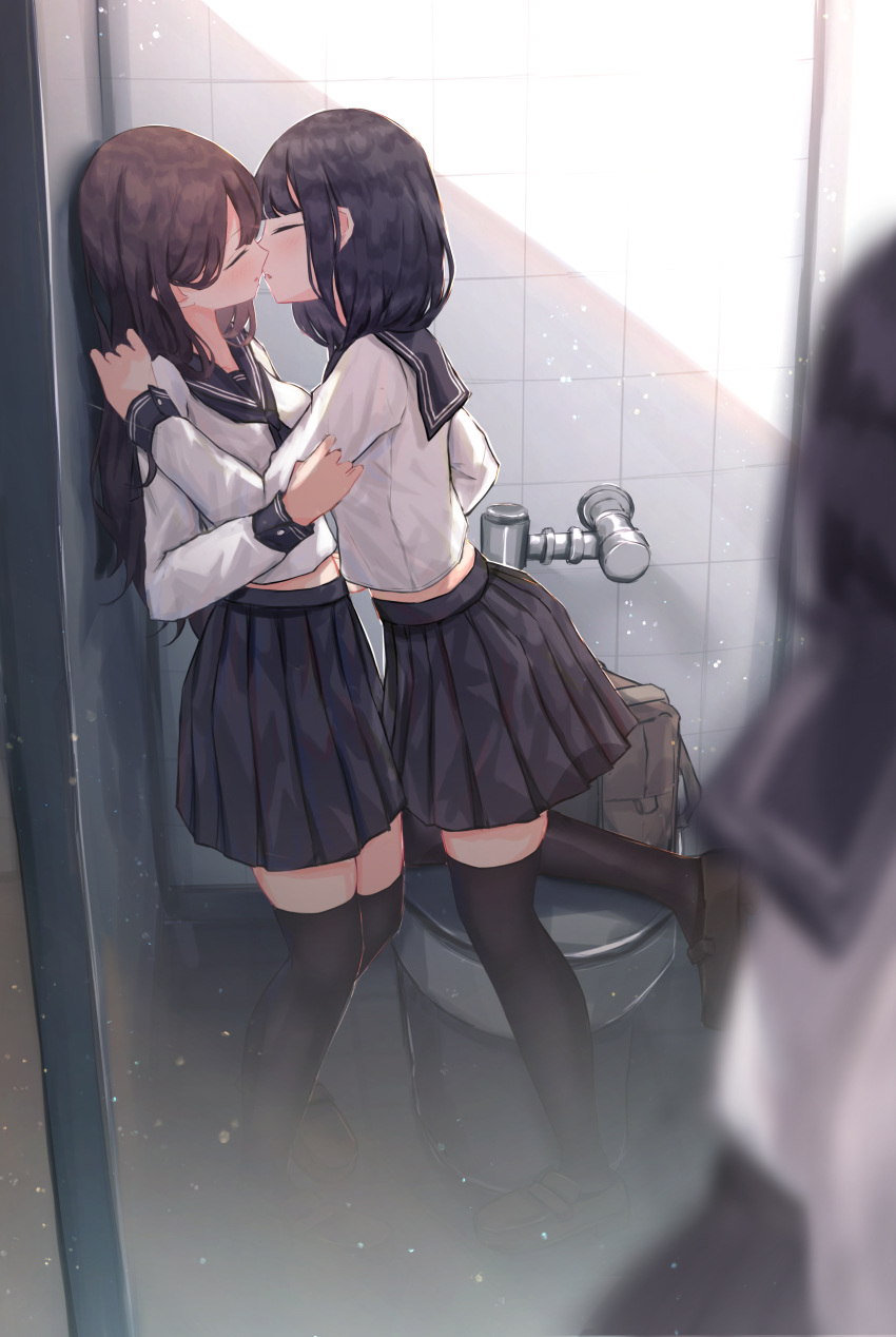 2girls absurdres bag bathroom benevole black_hair black_skirt black_thighhighs brown_bag brown_hair closed_eyes from_side full_body handbag highres imminent_kiss kabedon long_hair medium_hair mirror multiple_girls open_mouth original school_uniform serafuku shoes skirt standing thighhighs tile_wall tiles toilet toilet_stall water_pipe yuri zettai_ryouiki