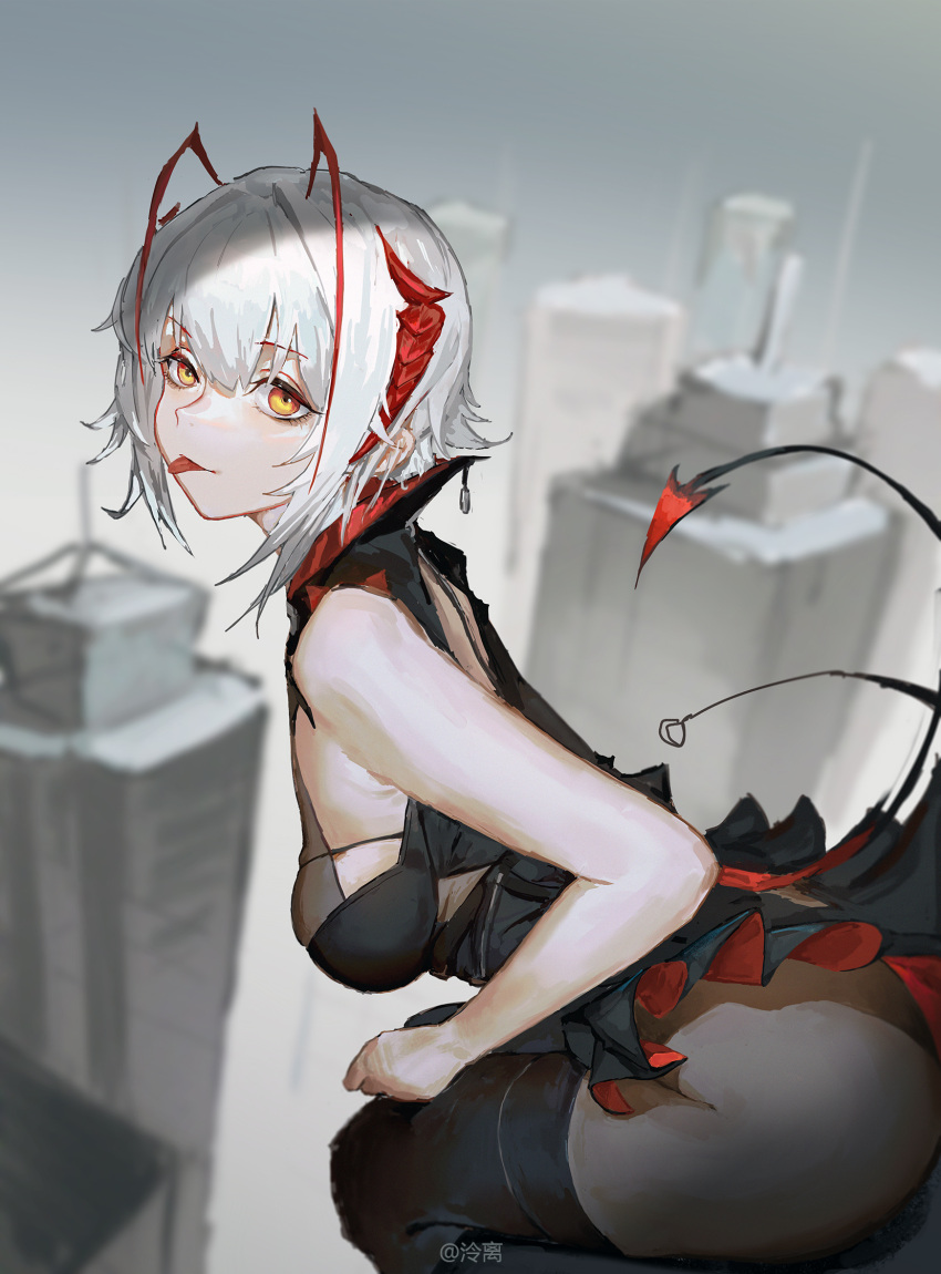 1girl :p ambience_synesthesia antenna_hair arknights bare_shoulders black_dress black_footwear black_pantyhose boots breasts building closed_mouth day demon_girl demon_horns demon_tail dress from_side grey_hair highres horns large_breasts leaning_forward lingear looking_at_viewer looking_to_the_side official_alternate_costume outdoors pantyhose red_hair short_hair sideboob sitting skyscraper sleeveless sleeveless_dress smile solo tail tail_through_clothes thigh_boots tongue tongue_out w_(arknights) yellow_eyes