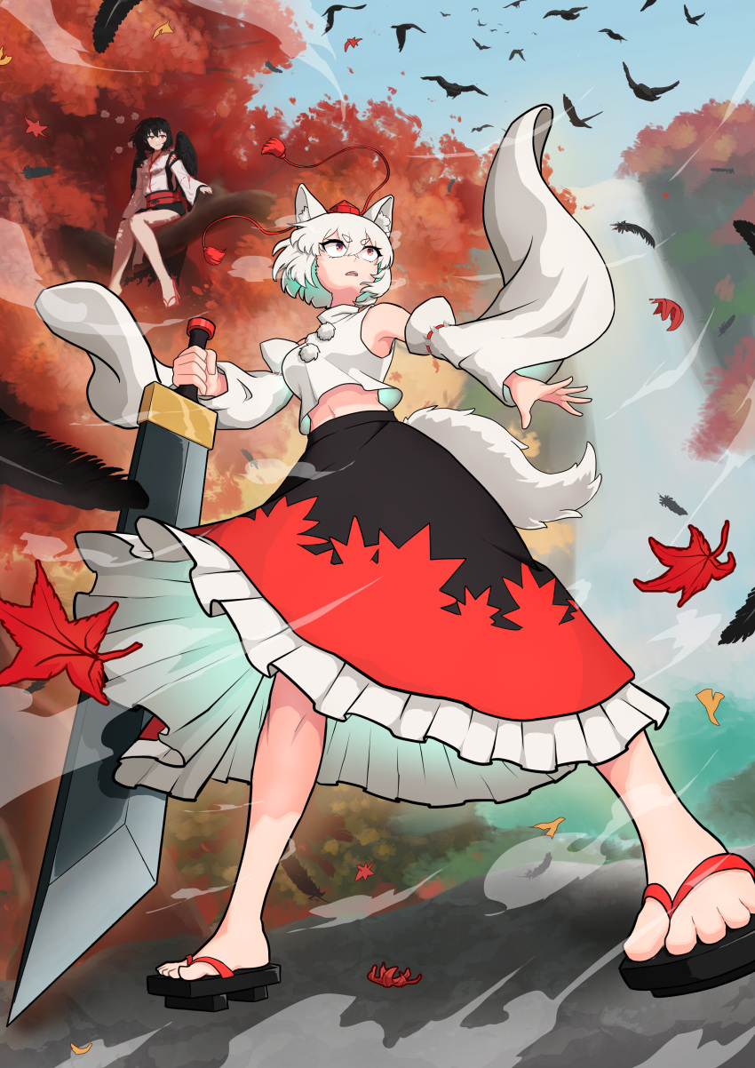2girls absurdres animal_ear_fluff animal_ears bare_legs bare_shoulders bird bird_wings black_hair black_skirt breasts crow detached_sleeves falling_feathers foreshortening from_below geta hat highres holding holding_sword holding_weapon inubashiri_momiji kou_syu_27 leaf legs_apart long_sleeves looking_up maple_leaf medium_breasts midriff multiple_girls navel outdoors parted_lips perspective petticoat pom_pom_(clothes) red_skirt shameimaru_aya shirt short_hair sitting_on_branch skirt sky solo_focus sword tail toes tokin_hat touhou tree turtleneck v-shaped_eyebrows weapon white_hair white_shirt wide_sleeves wind wings wolf_ears wolf_tail