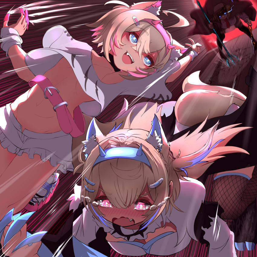 3girls animal_ear_fluff animal_ears belt black_collar black_jacket blonde_hair blue_eyes blue_hair blush breasts brown_coat cleavage cleavage_cutout clothing_cutout coat collar cropped_shirt crossed_bangs deerstalker dog_ears dog_girl dog_tail dress fake_claws fang flat_chest frilled_shorts frills fur-trimmed_jacket fur_trim fuwawa_abyssgard hair_ornament hairpin hat highres holding_trident hololive hololive_english jacket large_breasts long_hair looking_at_viewer medium_hair mococo_abyssgard monocle_hair_ornament multicolored_hair multiple_girls necktie open_mouth pink_belt pink_eyes pink_hair red_necktie shirt shoes short_shorts shorts siblings sidelocks single_fishnet_legwear sisters sneakers spiked_collar spikes streaked_hair tail tears twins two_side_up unmi virtual_youtuber watson_amelia watson_amelia_(1st_costume) white_dress white_footwear white_shirt white_shorts x_hair_ornament