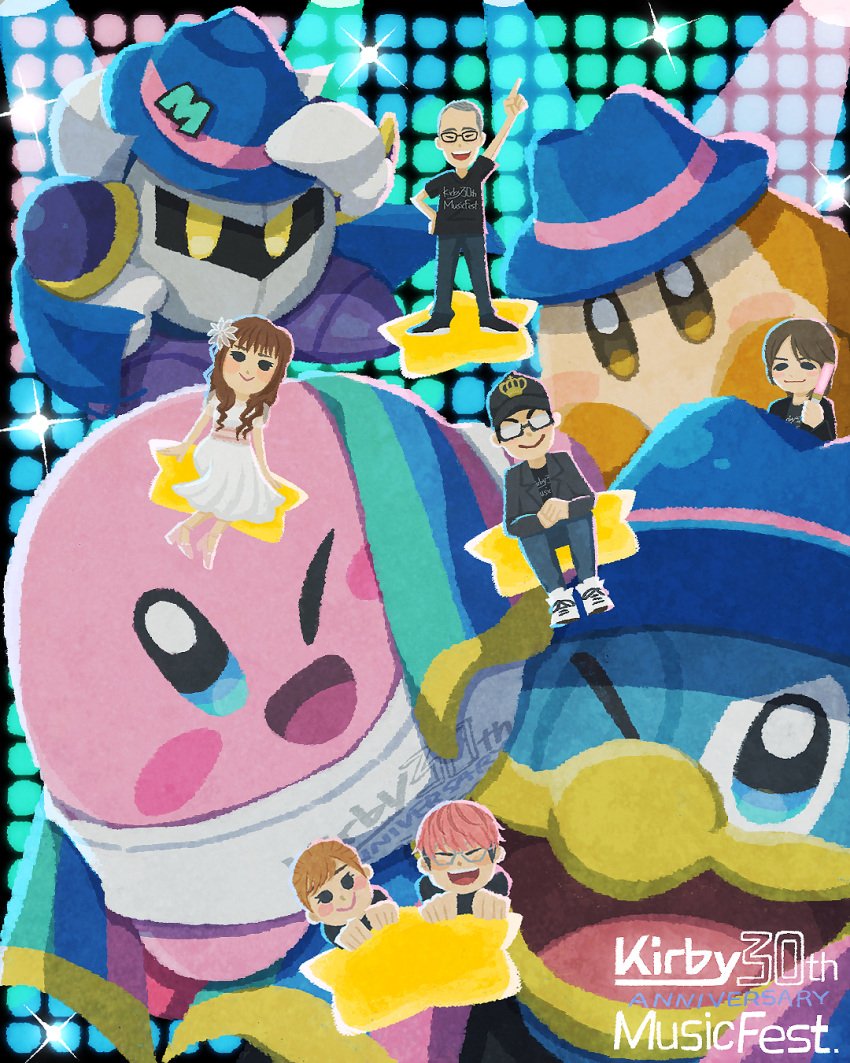 armor baseball_cap blue_headwear blush_stickers brown_hair cape character_request colored_skin commentary_request glasses hat highres holding_glowstick king_dedede kirby kirby_(series) kirby_30th_anniversary_music_festival kumazaki_shin'ya mask meta_knight miclot one_eye_closed oomoto_makiko open_mouth pauldrons pink_hair pink_skin real_life sakurai_masahiro shoulder_armor smile solid_oval_eyes sparkle star_(symbol) waddle_dee