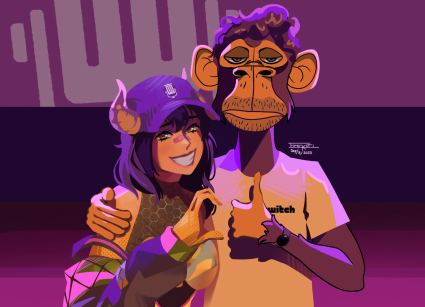 1girl 2023 bandaid bandaid_on_face bandaid_on_nose bored_ape bored_ape_yacht_club breasts cdawgva commentary dated demon_girl demon_horns english_commentary hair_between_eyes hat highres horns indie_virtual_youtuber jinmakoto1 looking_at_viewer monkey rainhoe smile teeth thumbs_up trash_taste twitch.tv upper_body virtual_youtuber watch yellow_eyes